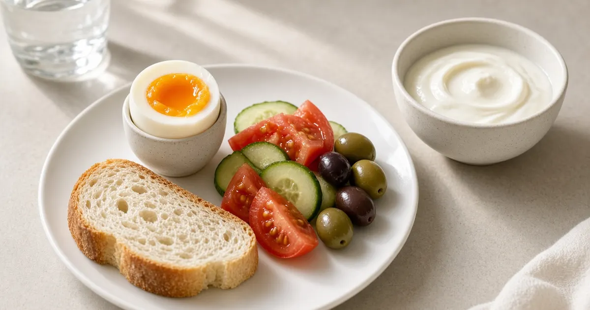 Haşlanmış yumurta, domates, salatalık, zeytin, ekmek ve sade yoğurtla kurulmuş kahvaltı
