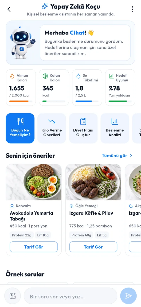Beslen yapay zekâ koçu ekranı: günlük özet ve kişisel yemek önerileri