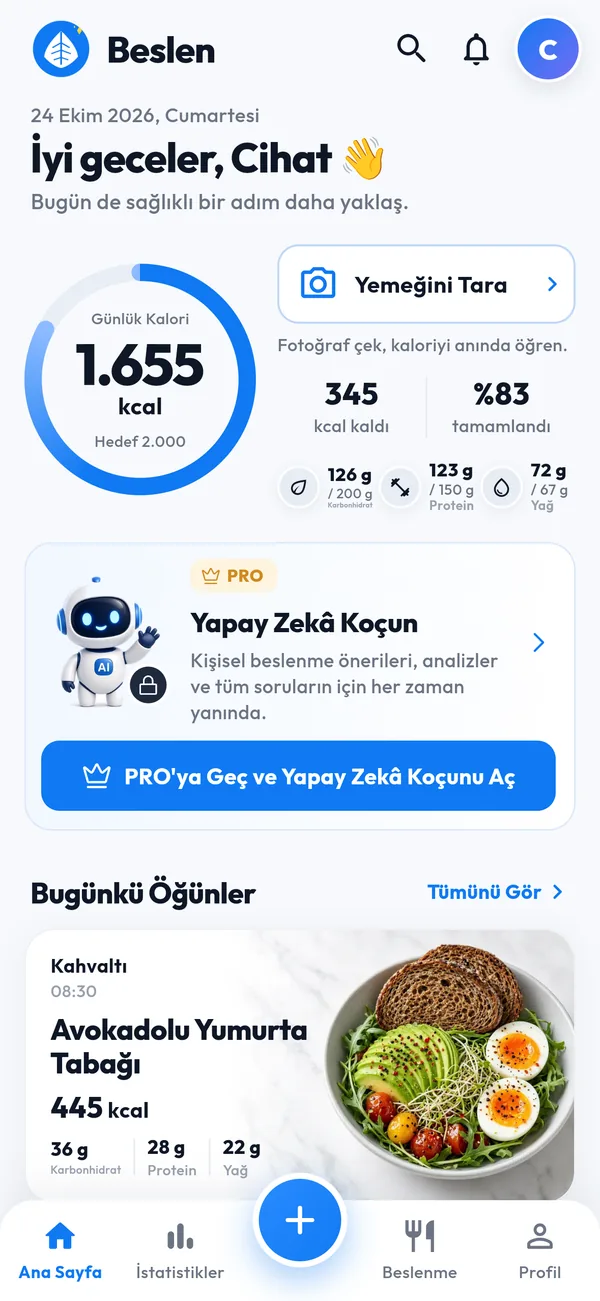 Beslen ana sayfa ekranı: günlük kalori halkası, makrolar ve bugünkü öğünler